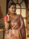 Banarasee Handwoven Badhani Print Tissue Saree With Zari Broad Border & Lace-Pink