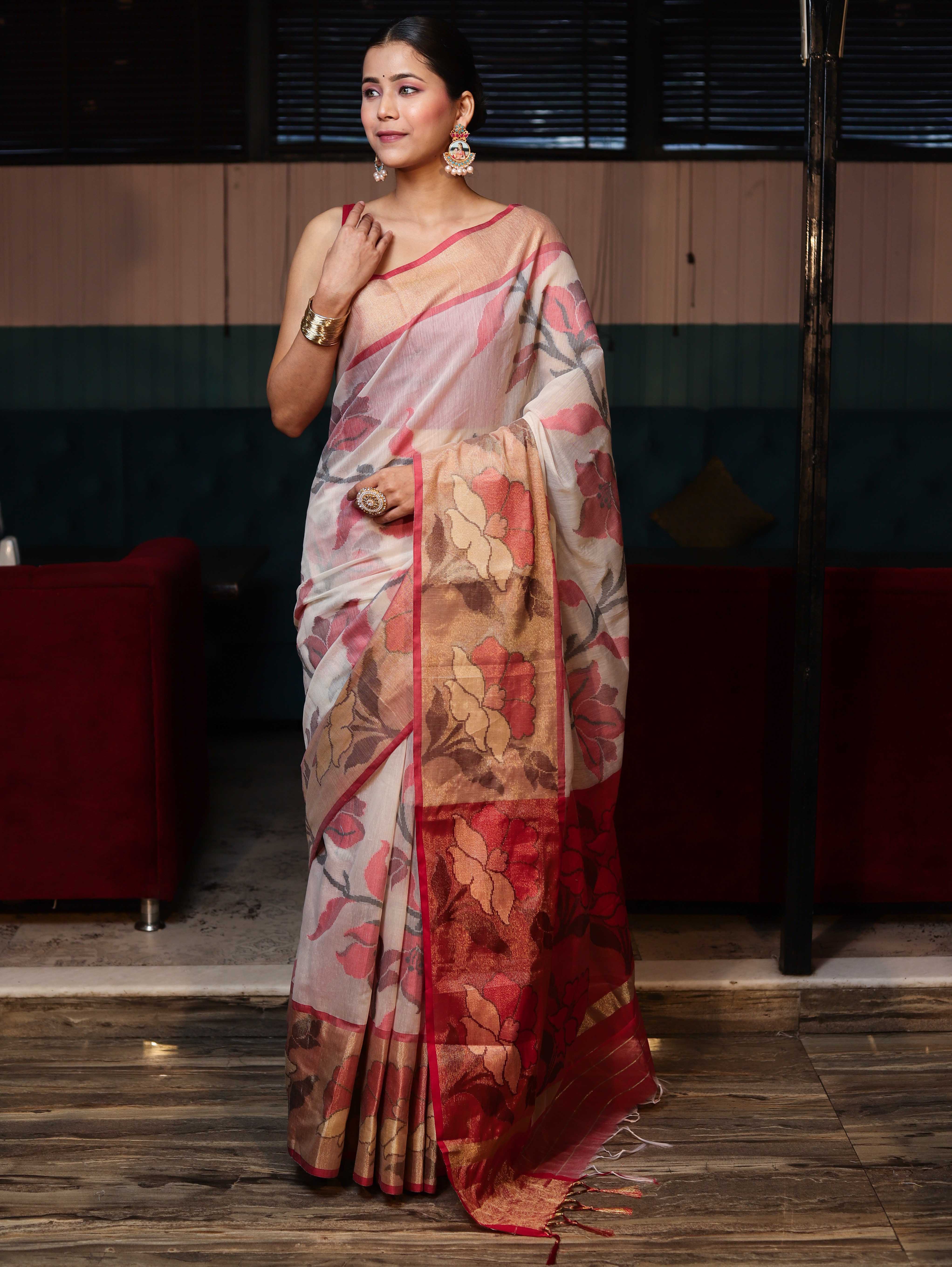 Banarasee Cotton Silk Saree With Resham Work & Tissue Border-White & Red