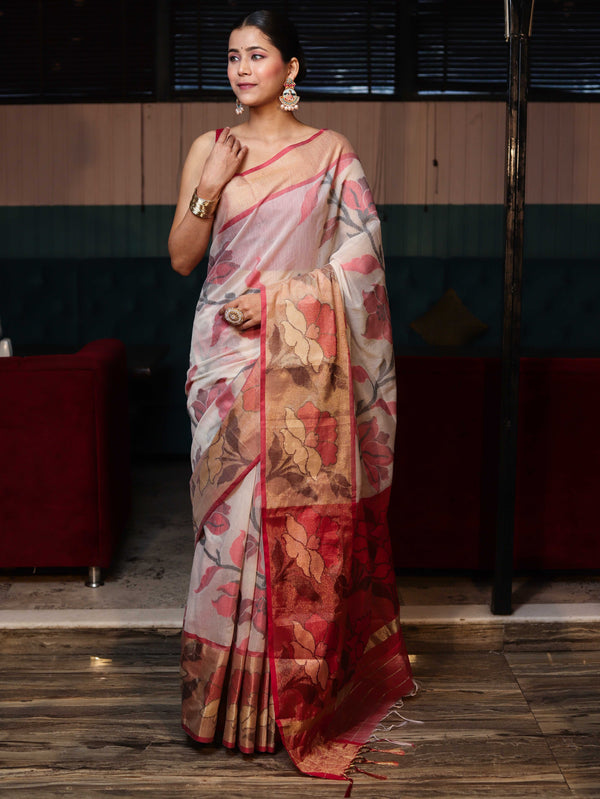 Banarasee Cotton Silk Saree With Resham Work & Tissue Border-White & Red