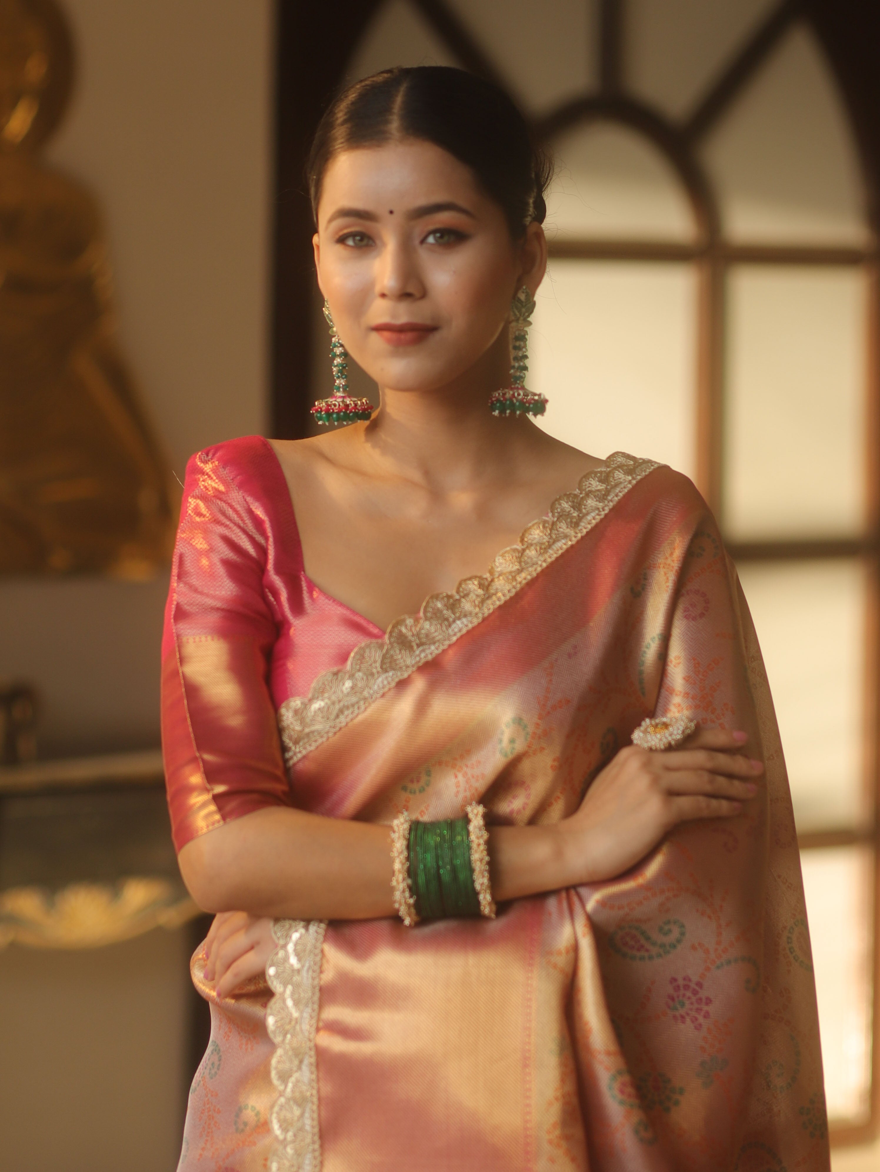 Banarasee Handwoven Badhani Print Tissue Saree With Zari Broad Border & Lace-Pink