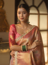 Banarasee Handwoven Badhani Print Tissue Saree With Zari Broad Border & Lace-Pink