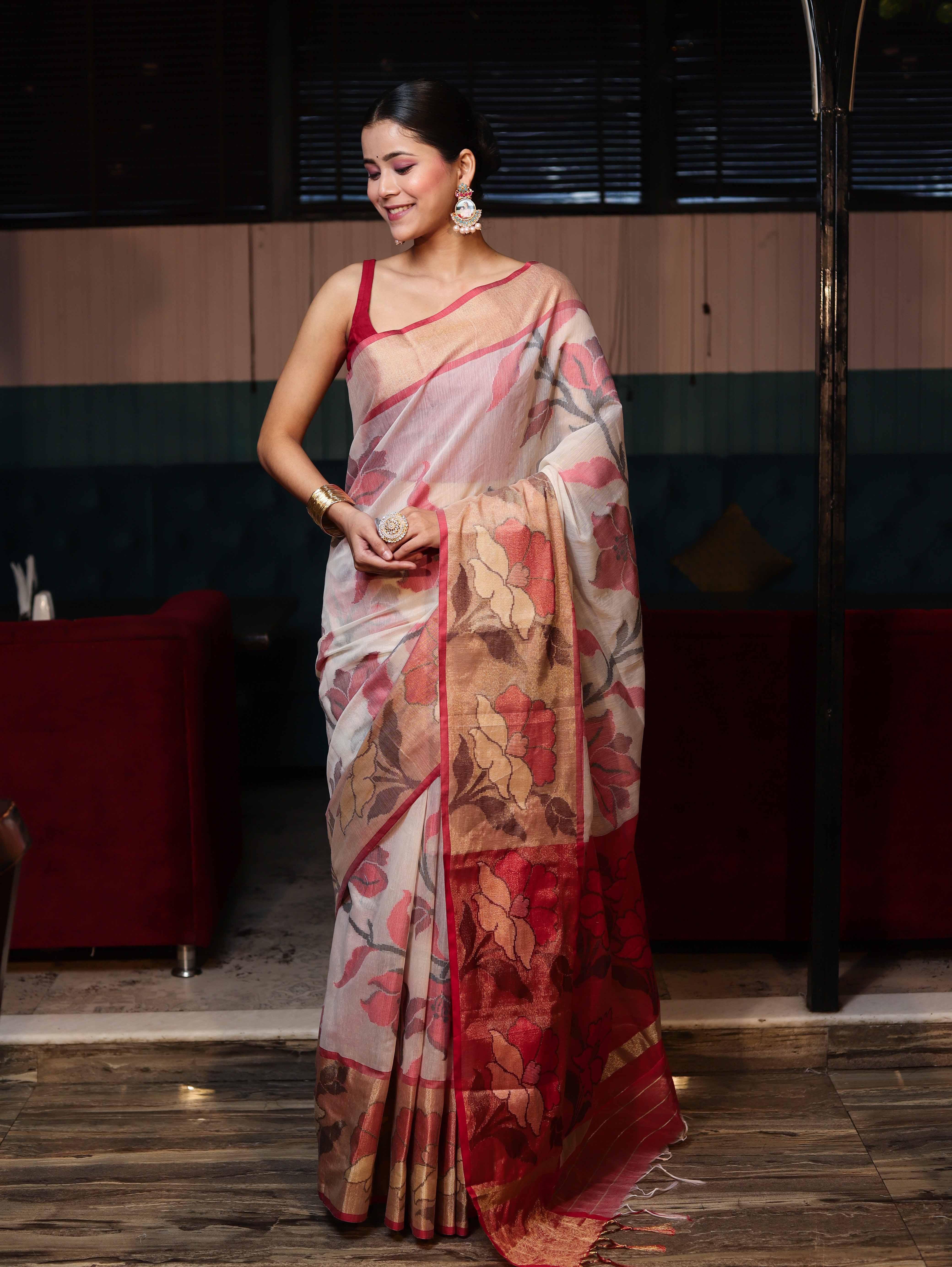 Banarasee Cotton Silk Saree With Resham Work & Tissue Border-White & Red