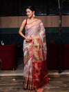Banarasee Cotton Silk Saree With Resham Work & Tissue Border-White & Red