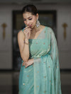 Banarasee Handwoven Dual Shaded Chiffon Saree With Aari Motifs-Light Green