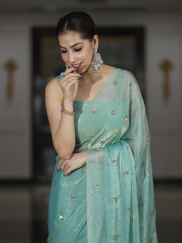 Banarasee Handwoven Dual Shaded Chiffon Saree With Aari Motifs-Light Green