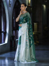 Banarasee Handwoven Georgette Saree With Zari Jaal Work & Border-Green (Dual Shade)