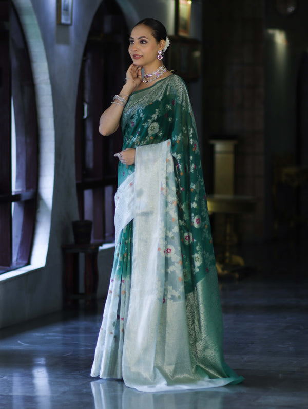 Banarasee Handwoven Georgette Saree With Zari Jaal Work & Border-Green (Dual Shade)