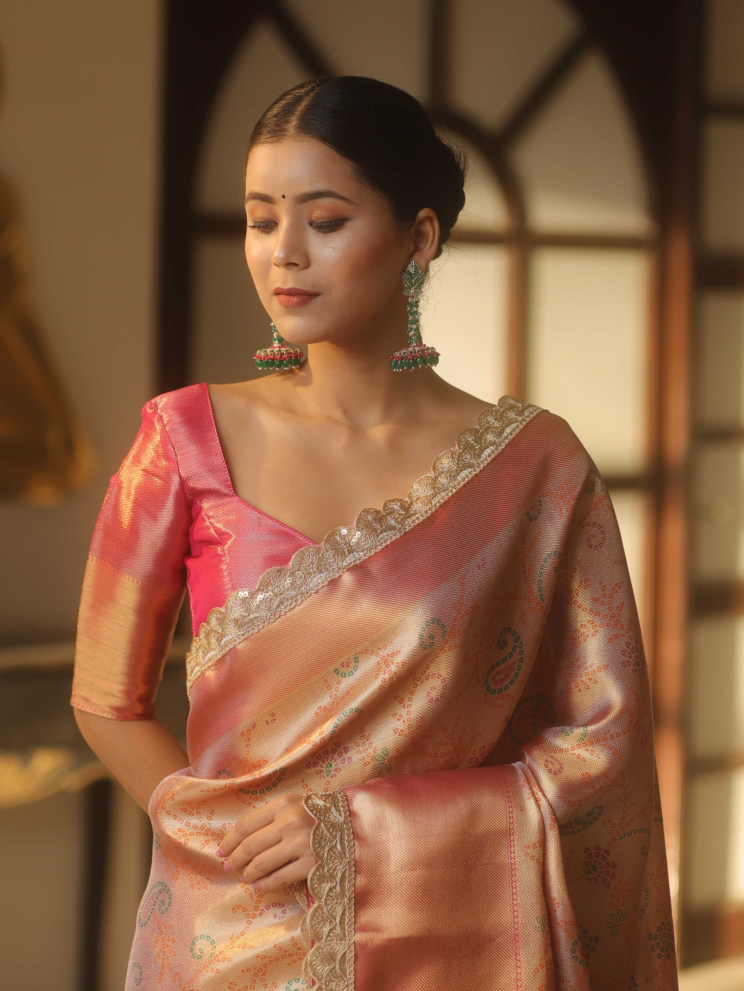 Banarasee Handwoven Badhani Print Tissue Saree With Zari Broad Border & Lace-Pink