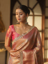 Banarasee Handwoven Badhani Print Tissue Saree With Zari Broad Border & Lace-Pink
