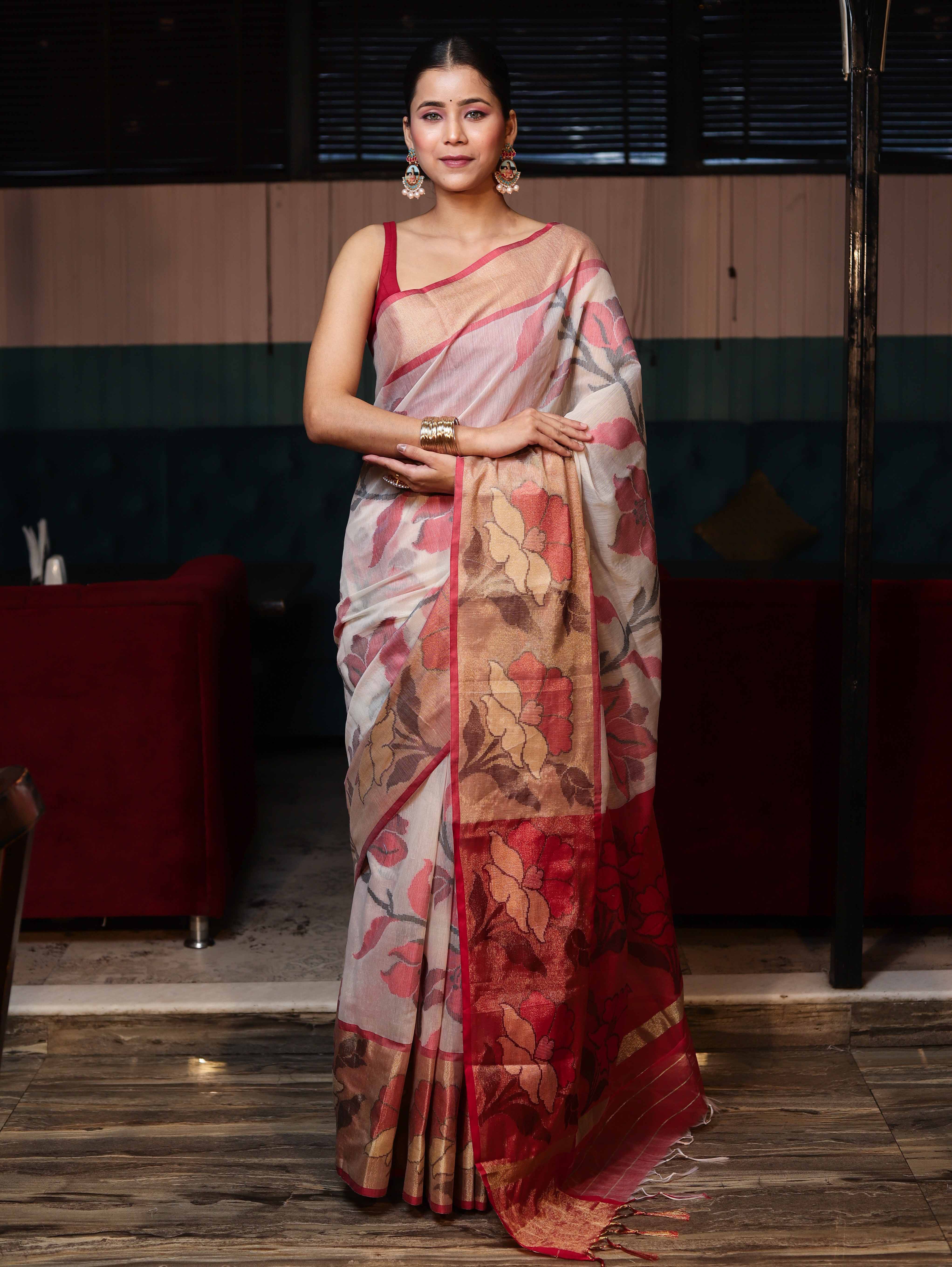 Banarasee Cotton Silk Saree With Resham Work & Tissue Border-White & Red