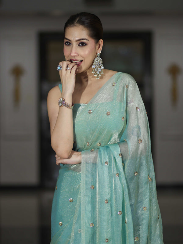 Banarasee Handwoven Dual Shaded Chiffon Saree With Aari Motifs-Light Green