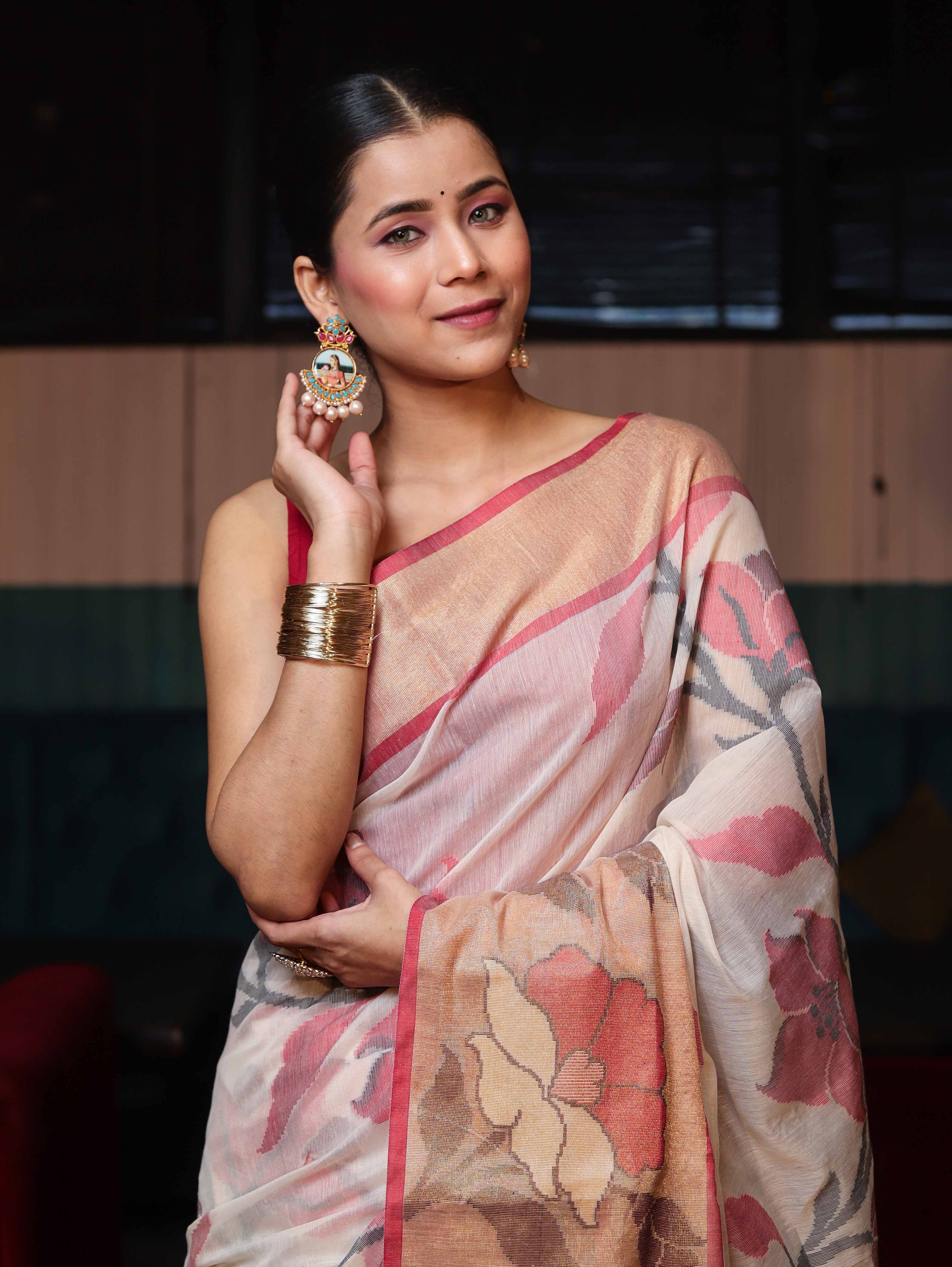 Banarasee Cotton Silk Saree With Resham Work & Tissue Border-White & Red