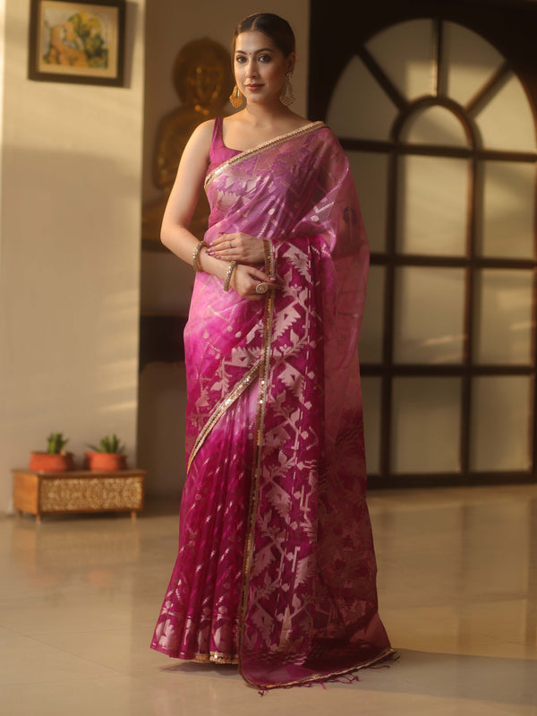 Banarasee Organza Saree With Gold Zari Jaal Design & Dual Color-Purple