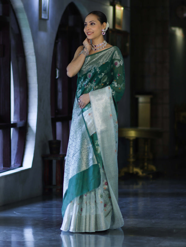 Banarasee Handwoven Georgette Saree With Zari Jaal Work & Border-Green (Dual Shade)