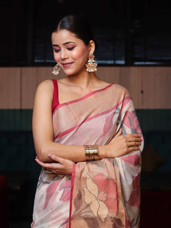 Banarasee Cotton Silk Saree With Resham Work & Tissue Border-White & Red