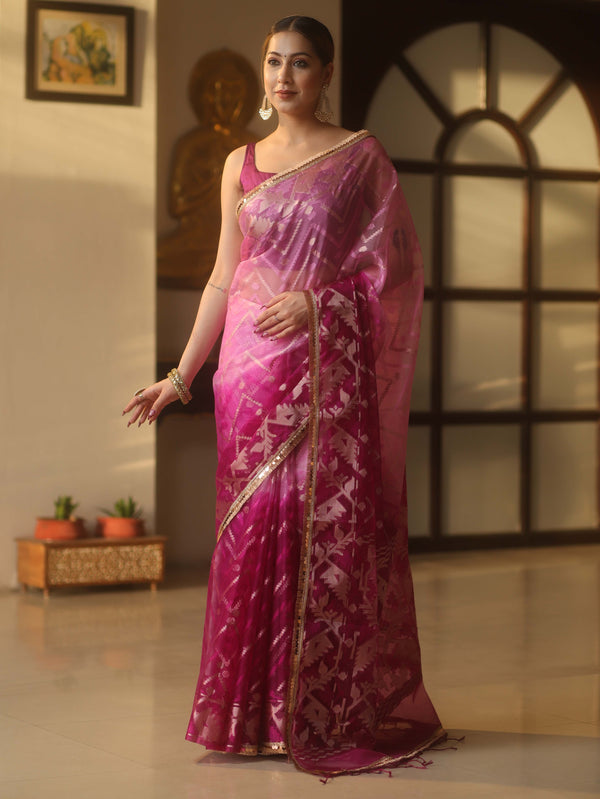 Banarasee Organza Saree With Gold Zari Jaal Design & Dual Color-Purple