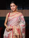 Banarasee Cotton Silk Saree With Resham Work & Tissue Border-White & Red