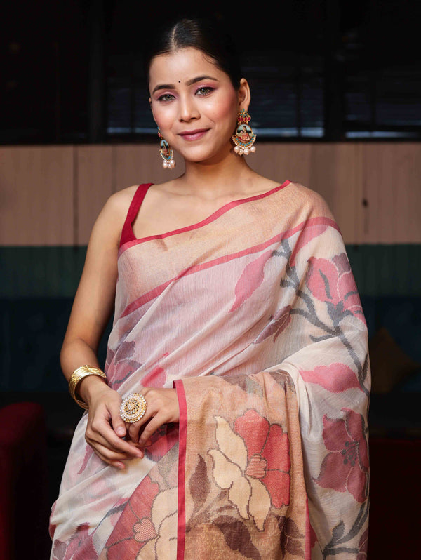 Banarasee Cotton Silk Saree With Resham Work & Tissue Border-White & Red