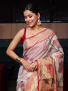 Banarasee Cotton Silk Saree With Resham Work & Tissue Border-White & Red