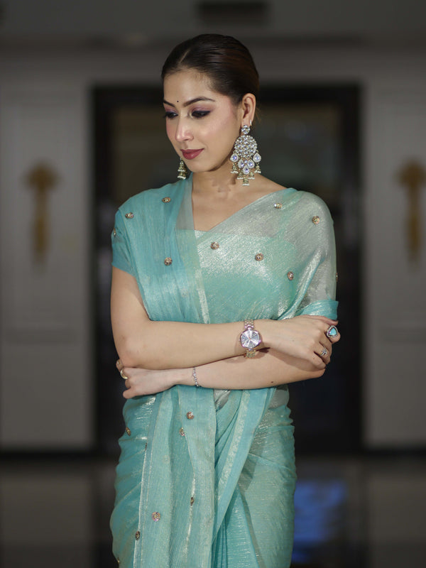Banarasee Handwoven Dual Shaded Chiffon Saree With Aari Motifs-Light Green
