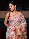 Banarasee Cotton Silk Saree With Resham Work & Tissue Border-White & Red