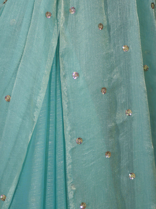 Banarasee Handwoven Dual Shaded Chiffon Saree With Aari Motifs-Light Green