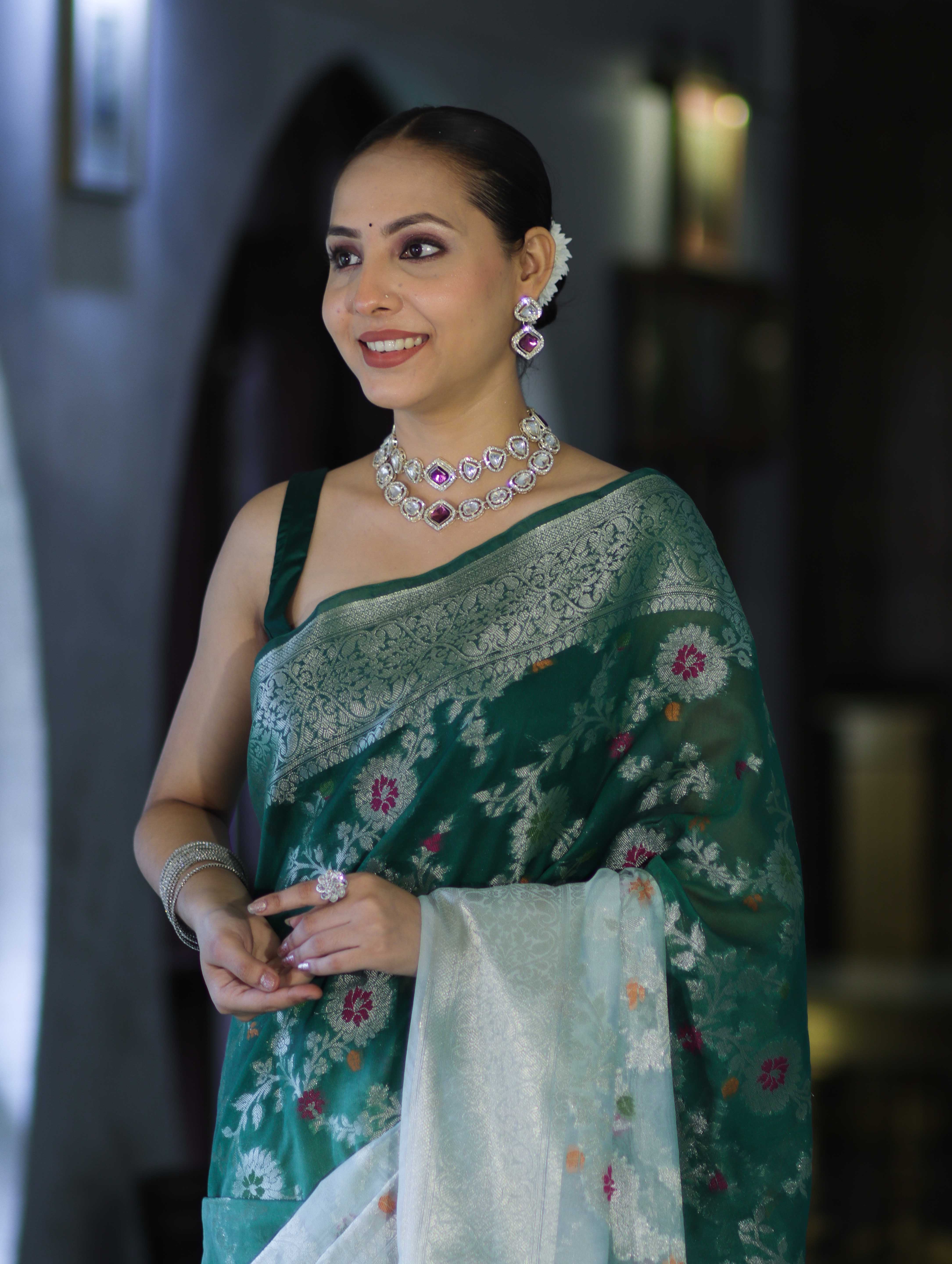 Banarasee Handwoven Georgette Saree With Zari Jaal Work & Border-Green (Dual Shade)