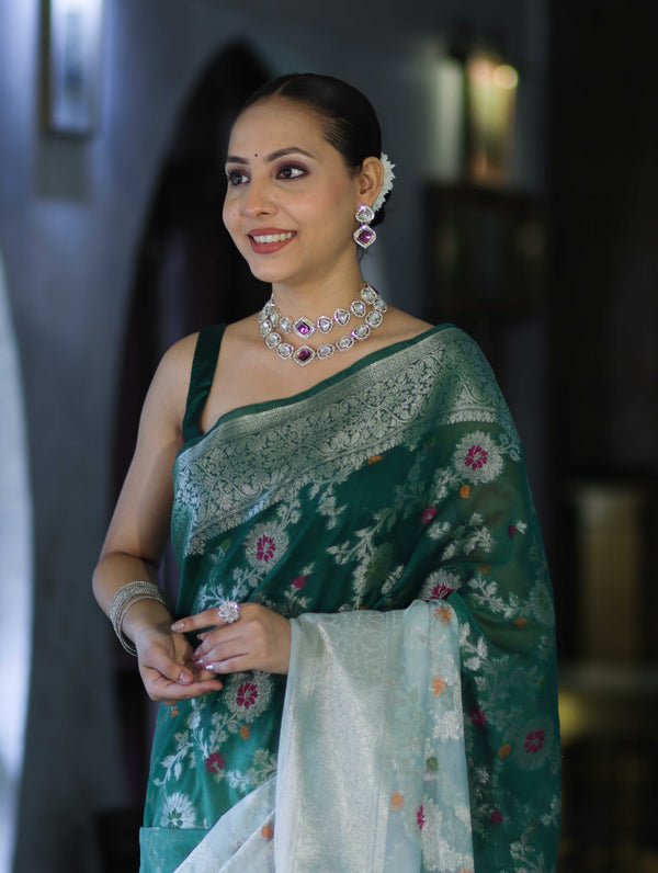 Banarasee Handwoven Georgette Saree With Zari Jaal Work & Border-Green (Dual Shade)