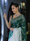Banarasee Handwoven Georgette Saree With Zari Jaal Work & Border-Green (Dual Shade)