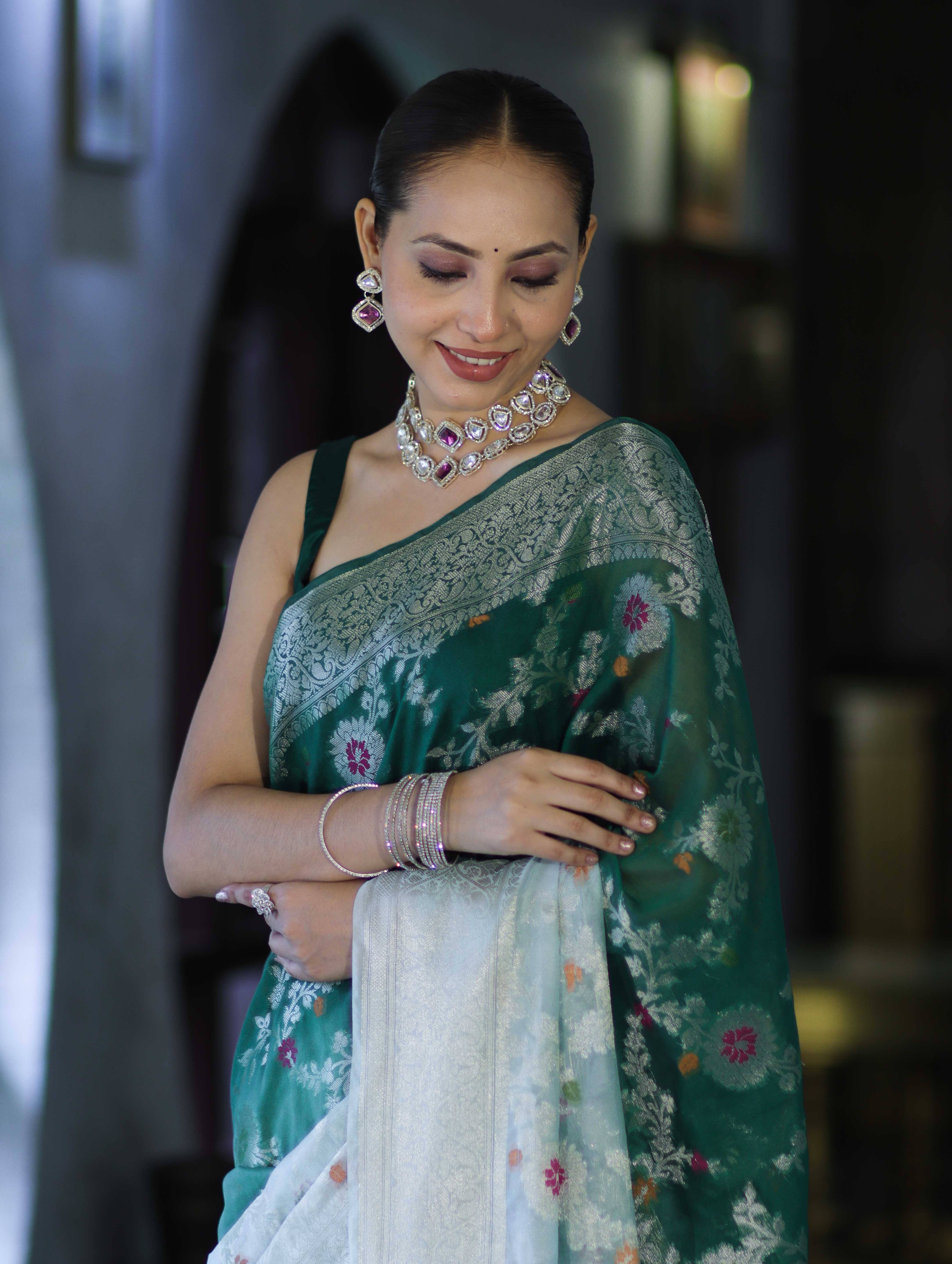 Banarasee Handwoven Georgette Saree With Zari Jaal Work & Border-Green (Dual Shade)