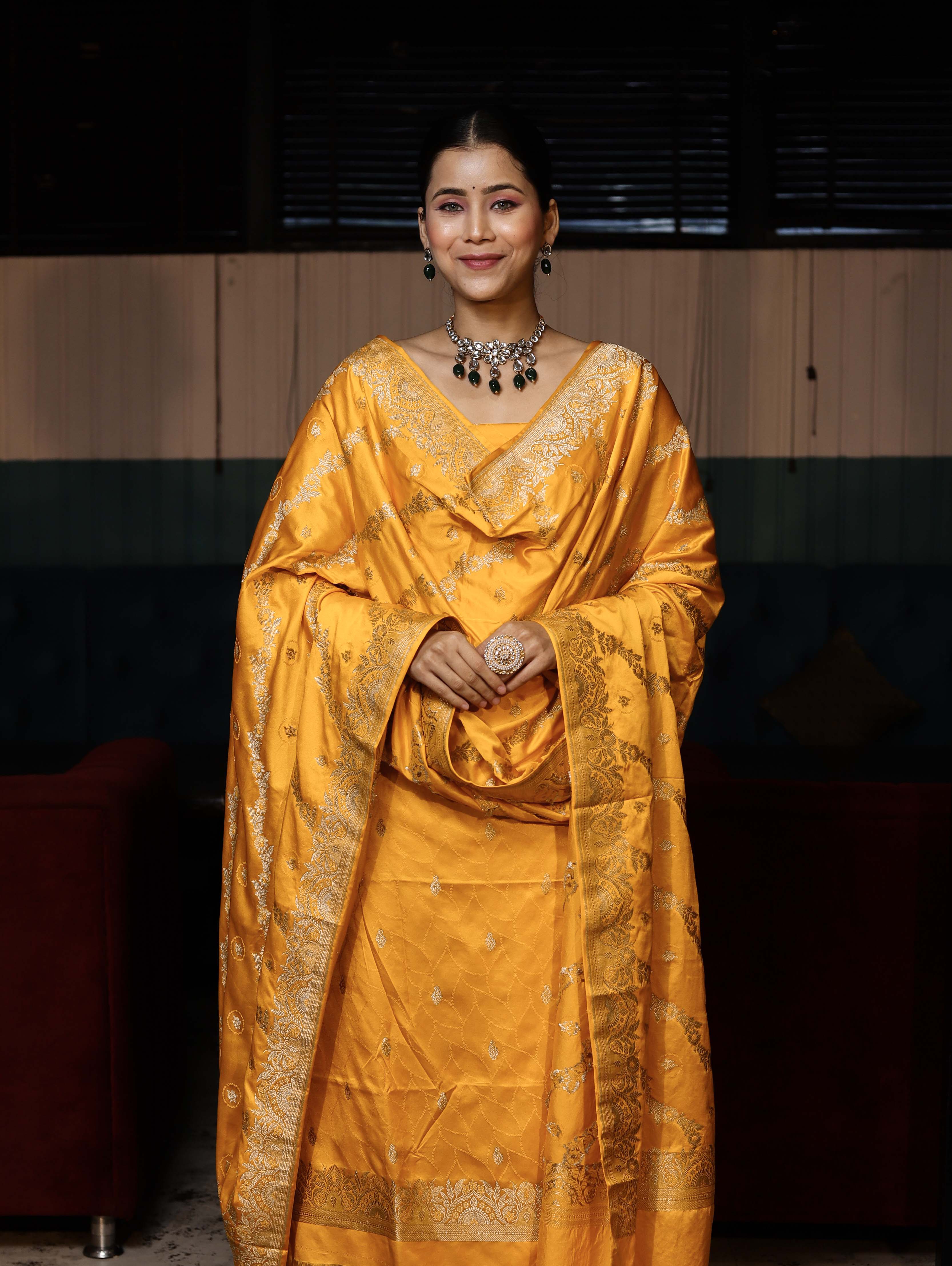 Banarasee Semi Katan Silk Zari Work Salwar Kameez Fabric With Dupatta Set-Yellow