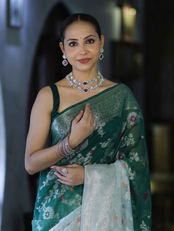 Banarasee Handwoven Georgette Saree With Zari Jaal Work & Border-Green (Dual Shade)