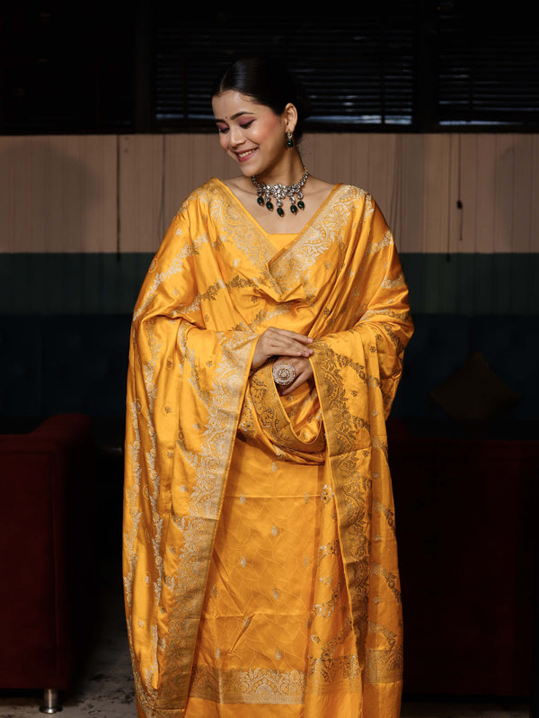 Banarasee Semi Katan Silk Zari Work Salwar Kameez Fabric With Dupatta Set-Yellow