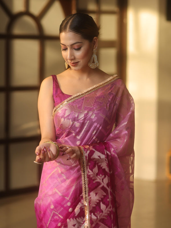 Banarasee Organza Saree With Gold Zari Jaal Design & Dual Color-Purple