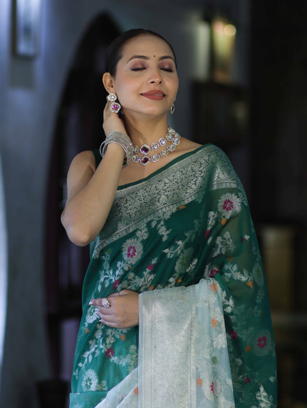 Banarasee Handwoven Georgette Saree With Zari Jaal Work & Border-Green (Dual Shade)