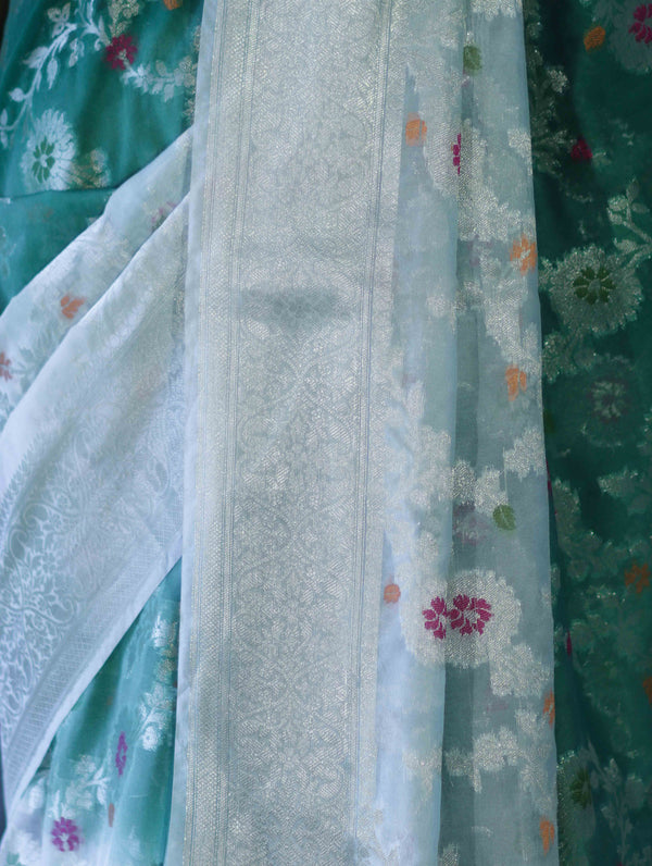 Banarasee Handwoven Georgette Saree With Zari Jaal Work & Border-Green (Dual Shade)