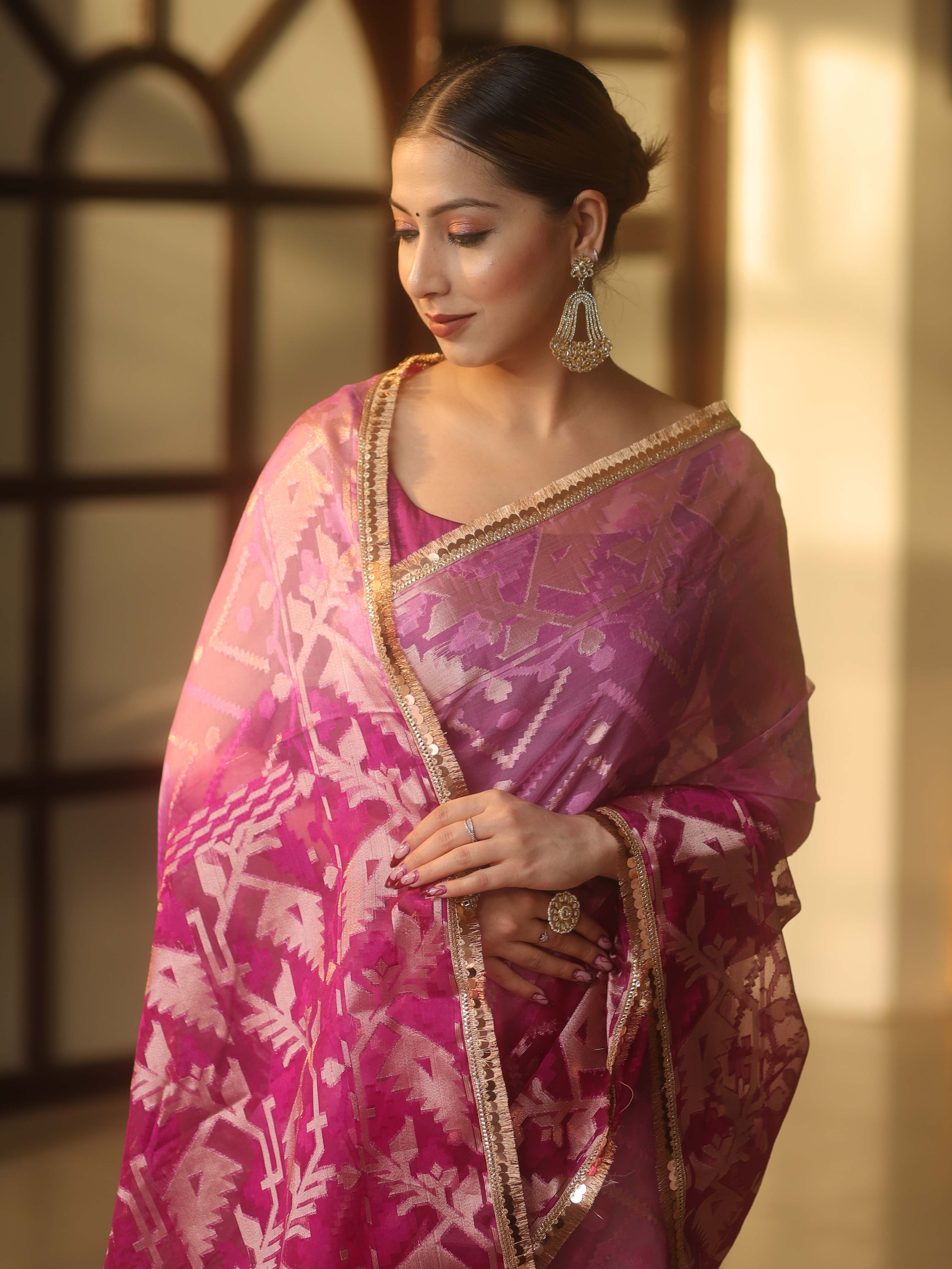 Banarasee Organza Saree With Gold Zari Jaal Design & Dual Color-Purple