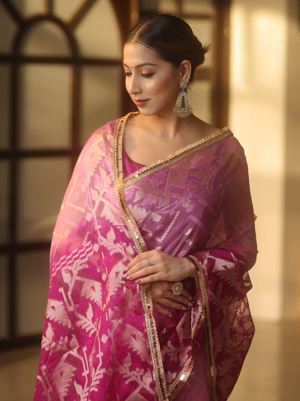 Banarasee Organza Saree With Gold Zari Jaal Design & Dual Color-Purple