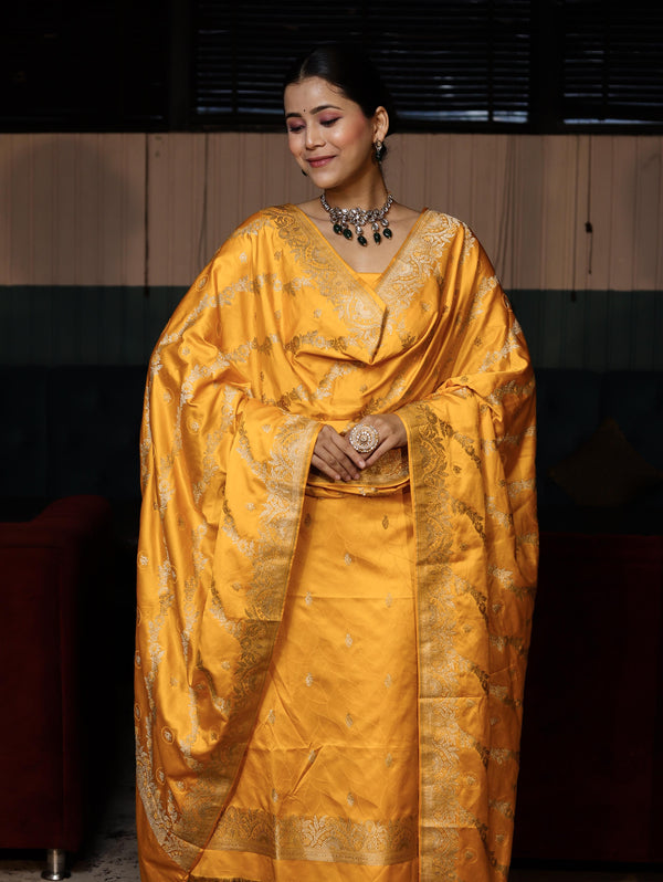 Banarasee Semi Katan Silk Zari Work Salwar Kameez Fabric With Dupatta Set-Yellow