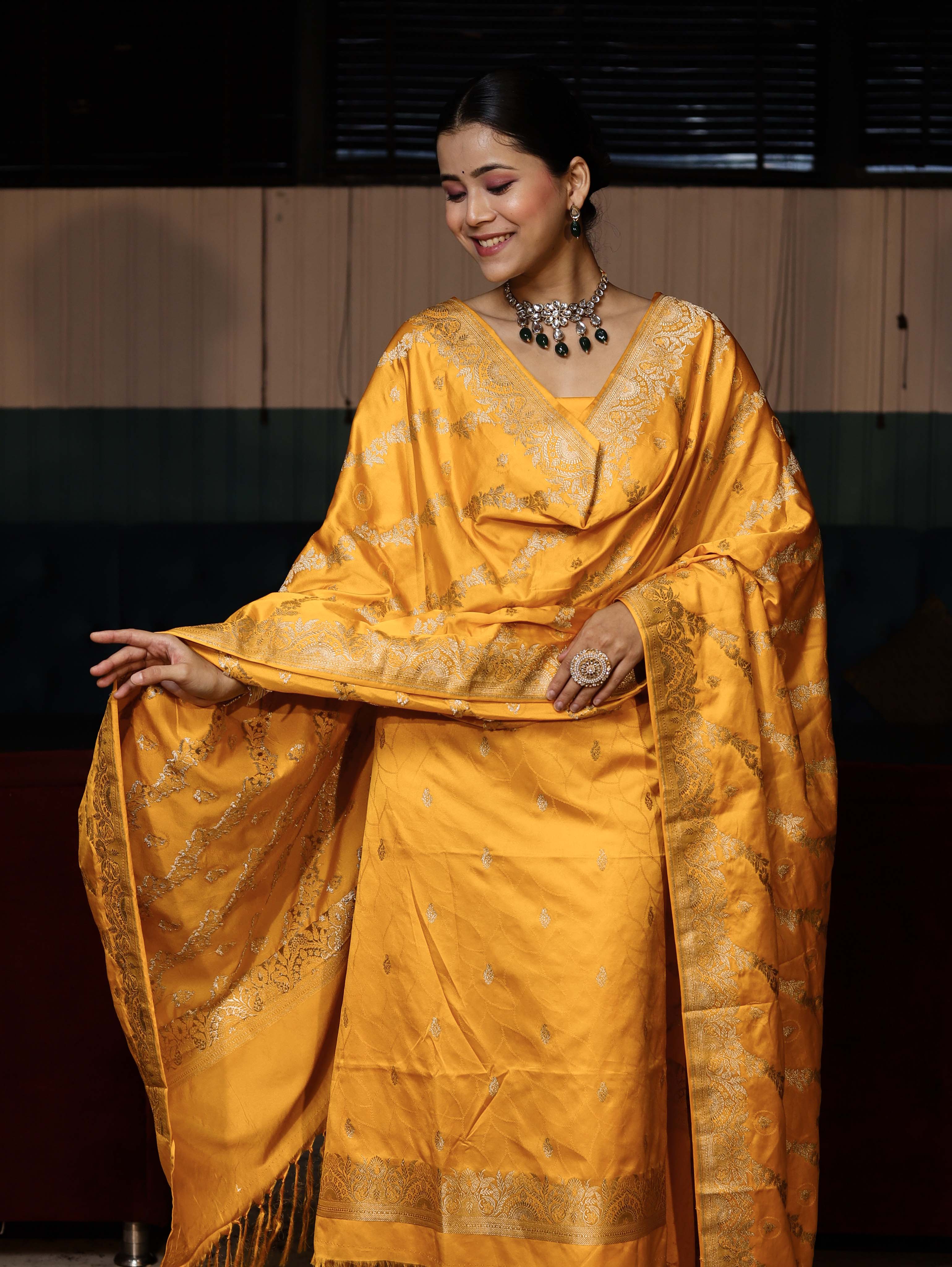 Banarasee Semi Katan Silk Zari Work Salwar Kameez Fabric With Dupatta Set-Yellow