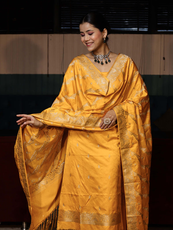 Banarasee Semi Katan Silk Zari Work Salwar Kameez Fabric With Dupatta Set-Yellow