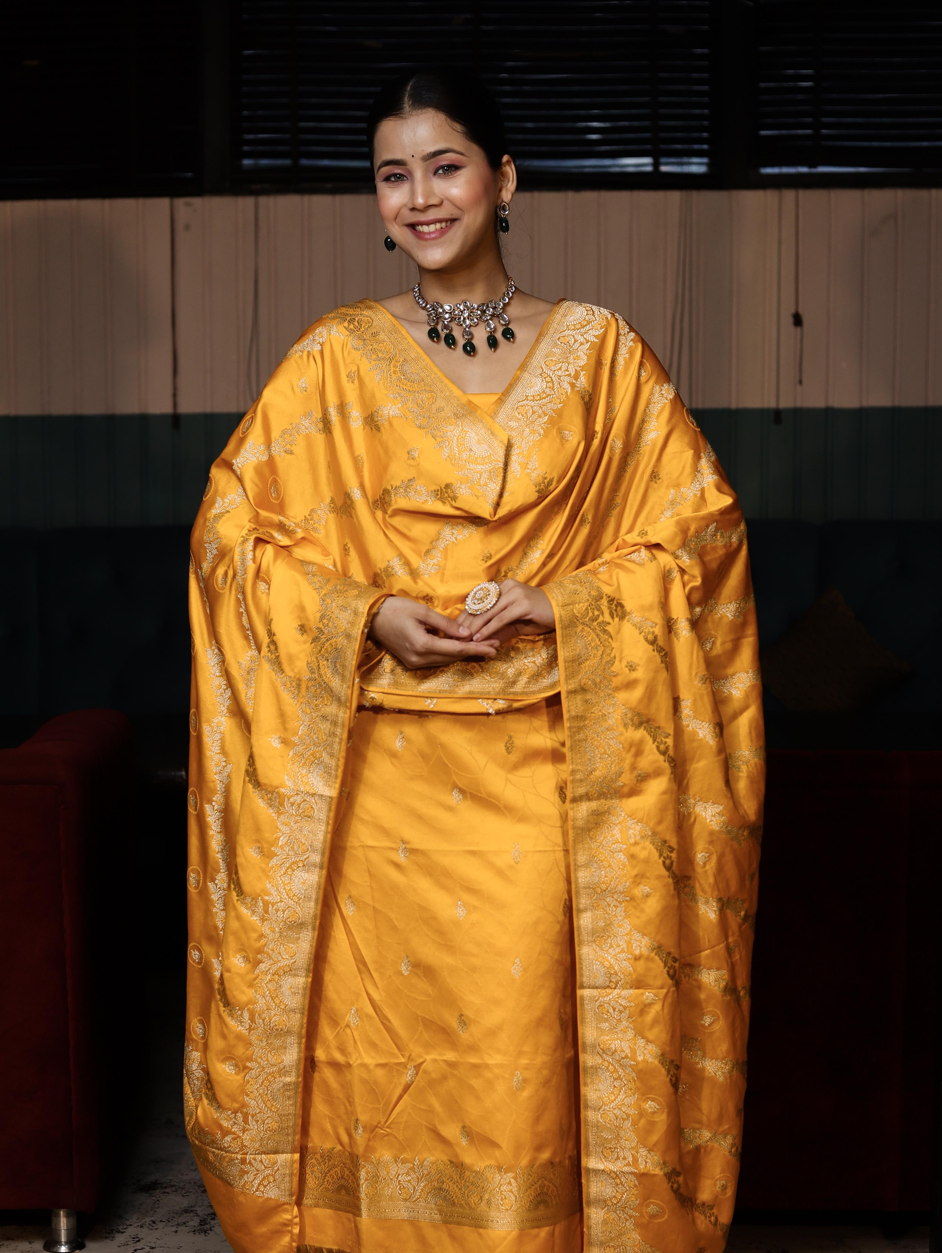 Banarasee Semi Katan Silk Zari Work Salwar Kameez Fabric With Dupatta Set-Yellow