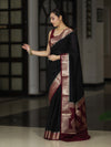 Banarasee Handloom Plain Semi Silk Saree With Zari Woven Contrast Border-Black & Maroon