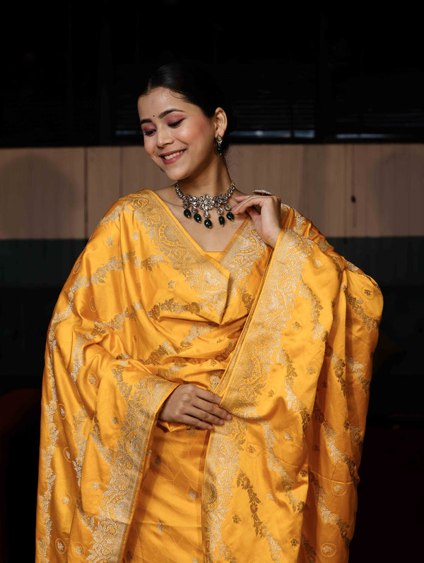 Banarasee Semi Katan Silk Zari Work Salwar Kameez Fabric With Dupatta Set-Yellow
