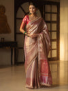 Banarasee Handwoven Tissue Zari Saree With Broder & Lace-Pink