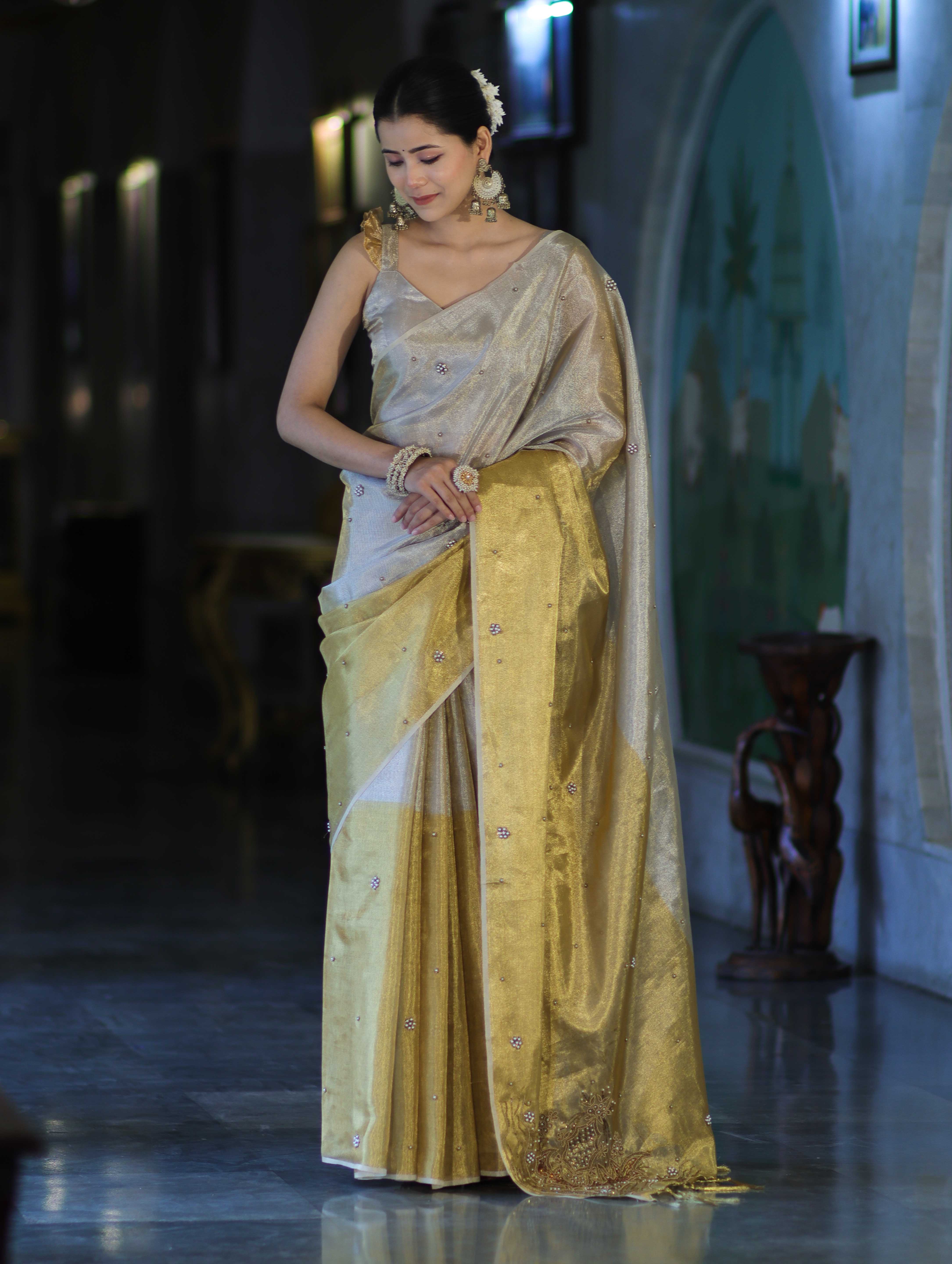 Banarasee Tissue Saree With Hand Embroidered Cutdana Work & Pearl Motifs-Gold & Silver
