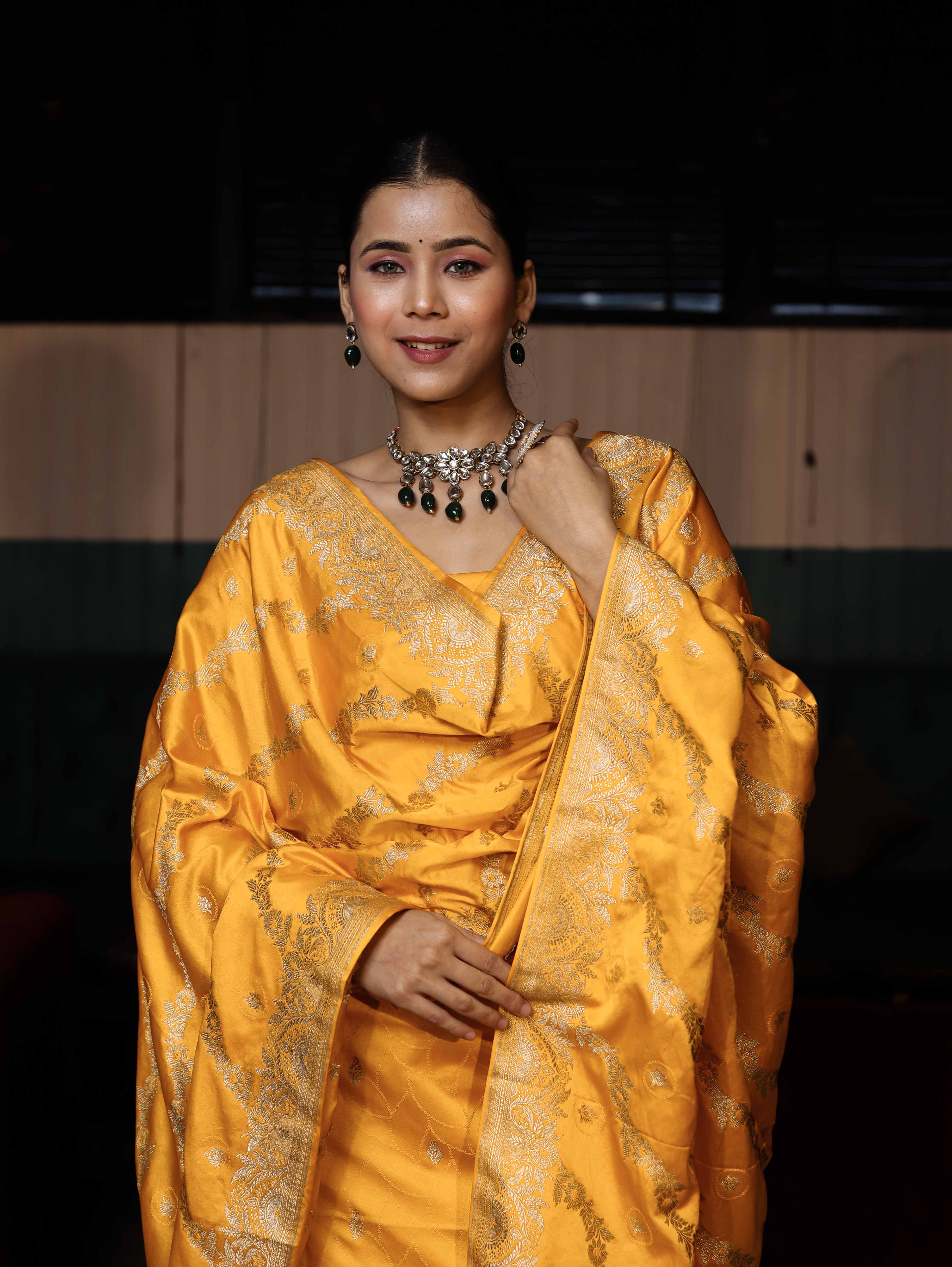 Banarasee Semi Katan Silk Zari Work Salwar Kameez Fabric With Dupatta Set-Yellow