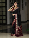 Banarasee Handloom Plain Semi Silk Saree With Zari Woven Contrast Border-Black & Maroon
