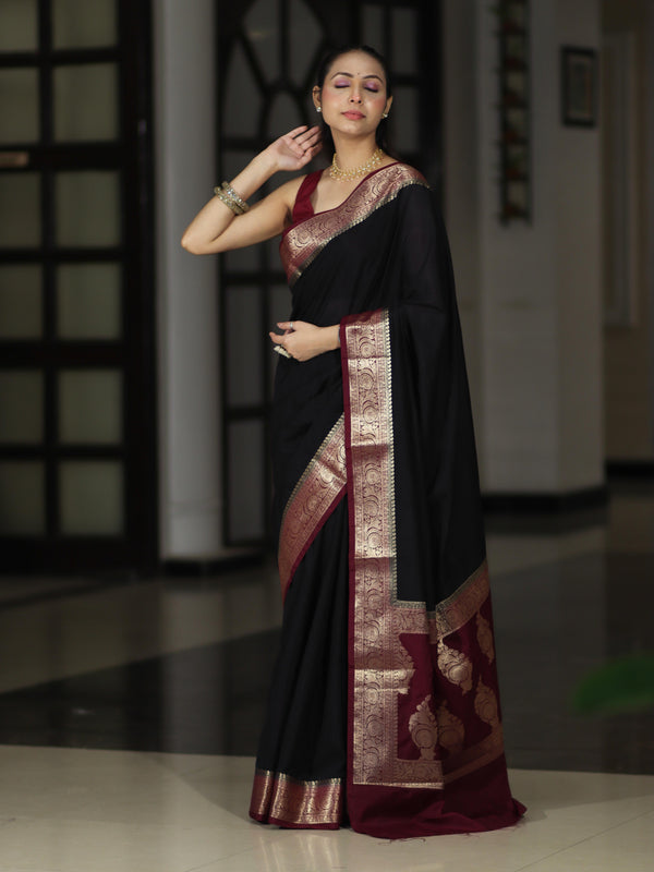 Banarasee Handloom Plain Semi Silk Saree With Zari Woven Contrast Border-Black & Maroon