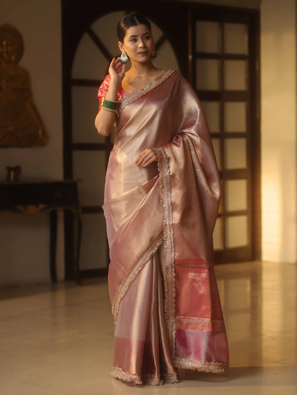 Banarasee Handwoven Tissue Zari Saree With Broder & Lace-Pink
